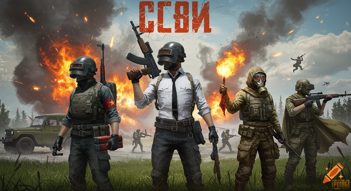Players in military gear stand before explosions and a vehicle in a battlefield scene.