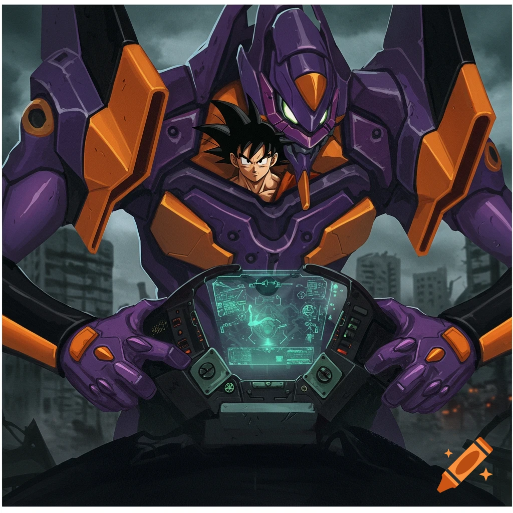 Goku pilots a purple and orange Evangelion mech in a ruined city, looking at a console screen.