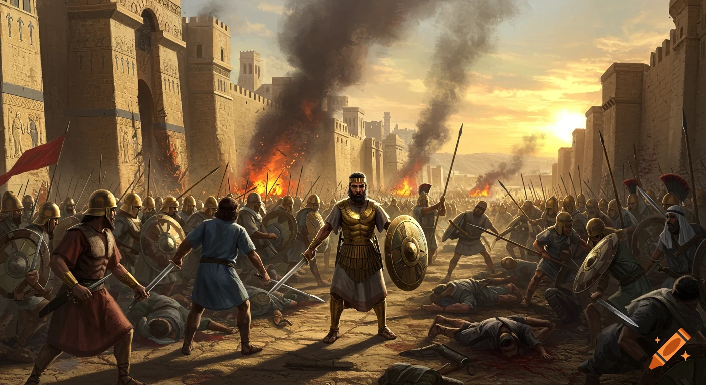 King Nebuchadnezzar and his army assault a burning walled city in a dramatic historical painting.