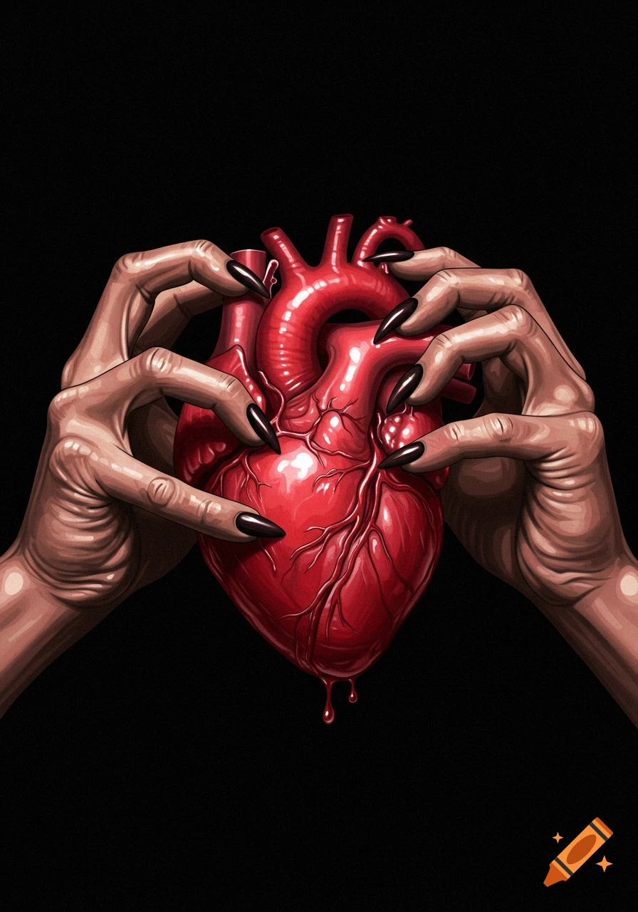 Two hands with long black nails grip a dripping anatomical heart on a black background, illustration style.