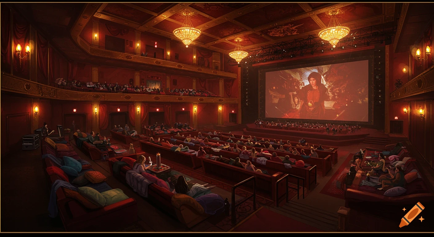 Digital illustration of a grand movie theater with lush red decor, ornate chandeliers, and people lounging on couches watching a large screen.