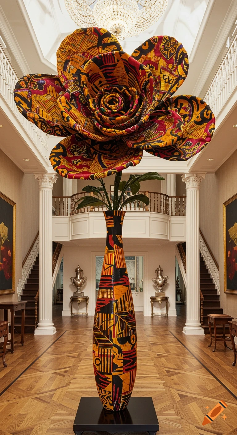 Large sculpture of a fabric flower in a vase, with African Kente cloth pattern, in a grand mansion foyer.