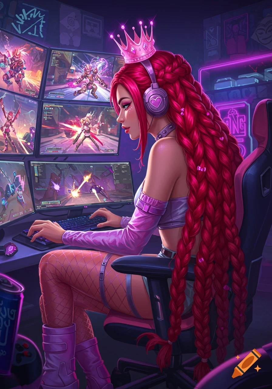 Digital art of a red-haired female gamer with a crown and headphones playing on multiple screens in a neon room.