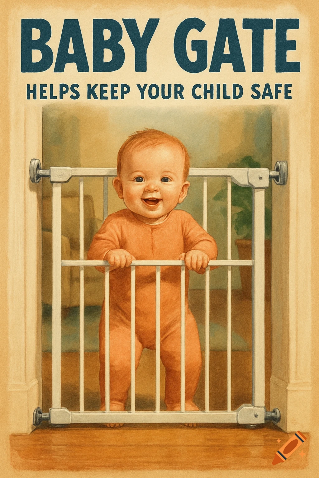 Vintage poster ad shows a smiling baby in a baby gate with text 'BABY GATE HELPS KEEP YOUR CHILD SAFE'.