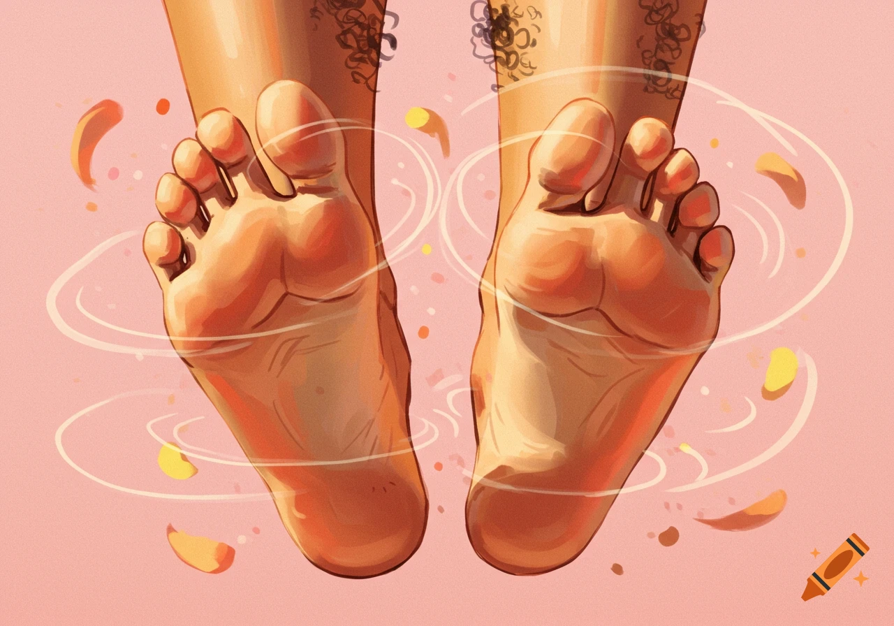 Bare feet from below surrounded by swirls and petals in an illustration