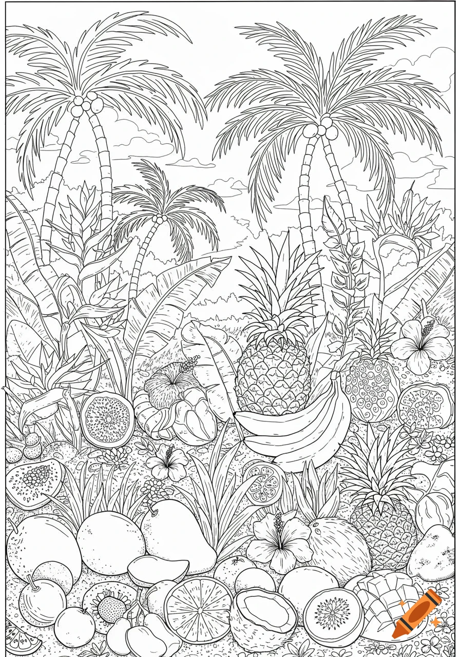 Black and white coloring page of palm trees, pineapples, bananas, mangoes, coconuts, and other tropical fruits.