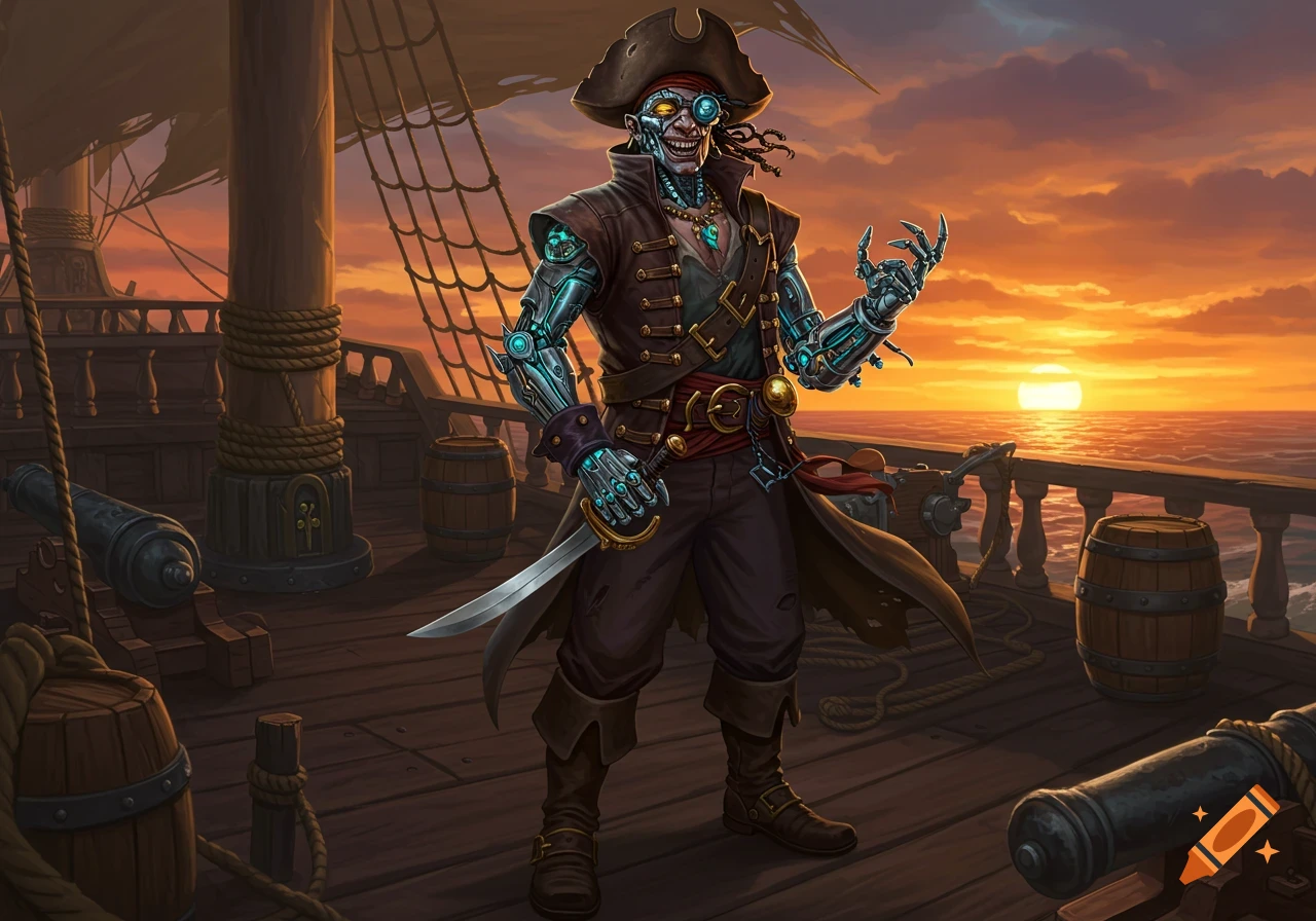 A cyborg pirate with glowing eyes and mechanical arms stands on the deck of a ship at sunset.