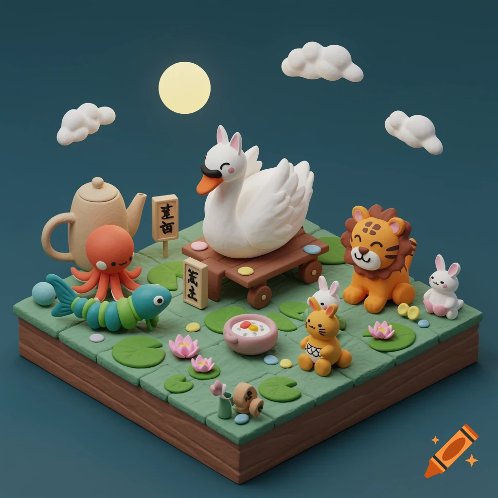 A claymation diorama of a swan on a cart, tiger, octopus, caterpillar, and rabbits on lily pads and soil under a moonlit sky.