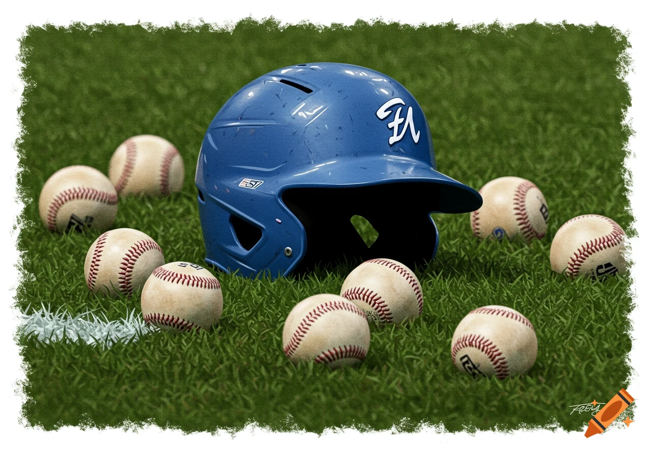 Blue baseball helmet and baseballs on green grass, close-up, textured style.