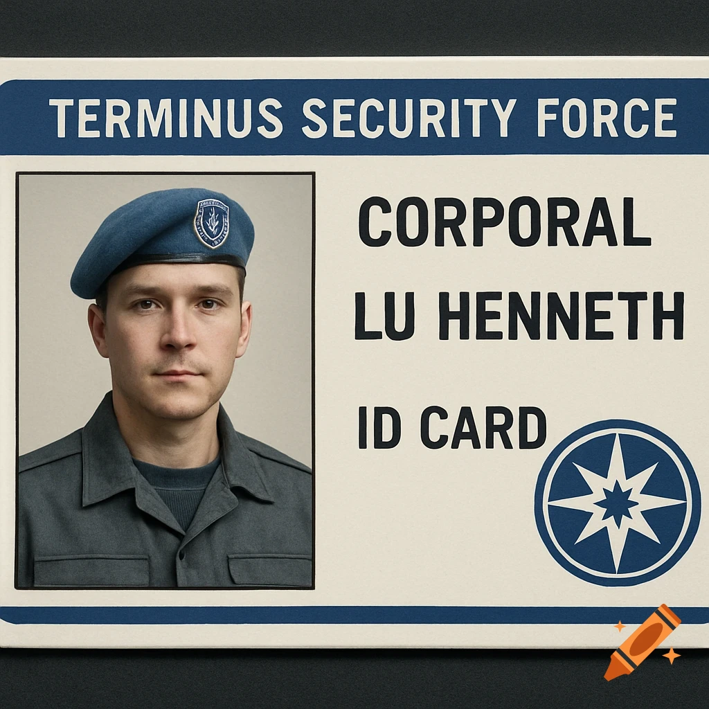 ID card of a man in uniform with a blue beret. Text reads 'Terminus Security Force Corporal Lu Henneth ID Card'.