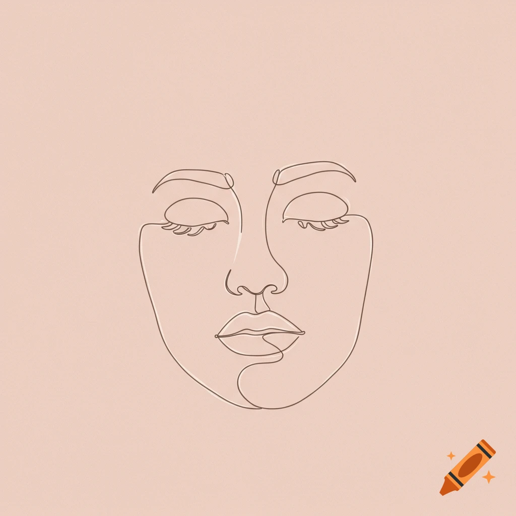 A delicate single continuous line drawing of a serene face with closed eyes on a soft background.