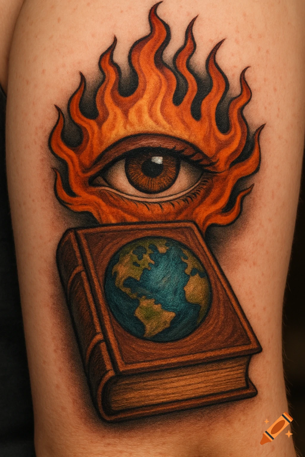 Realistic tattoo design of an eye with flames above, and a book with a globe on its cover below, on skin.
