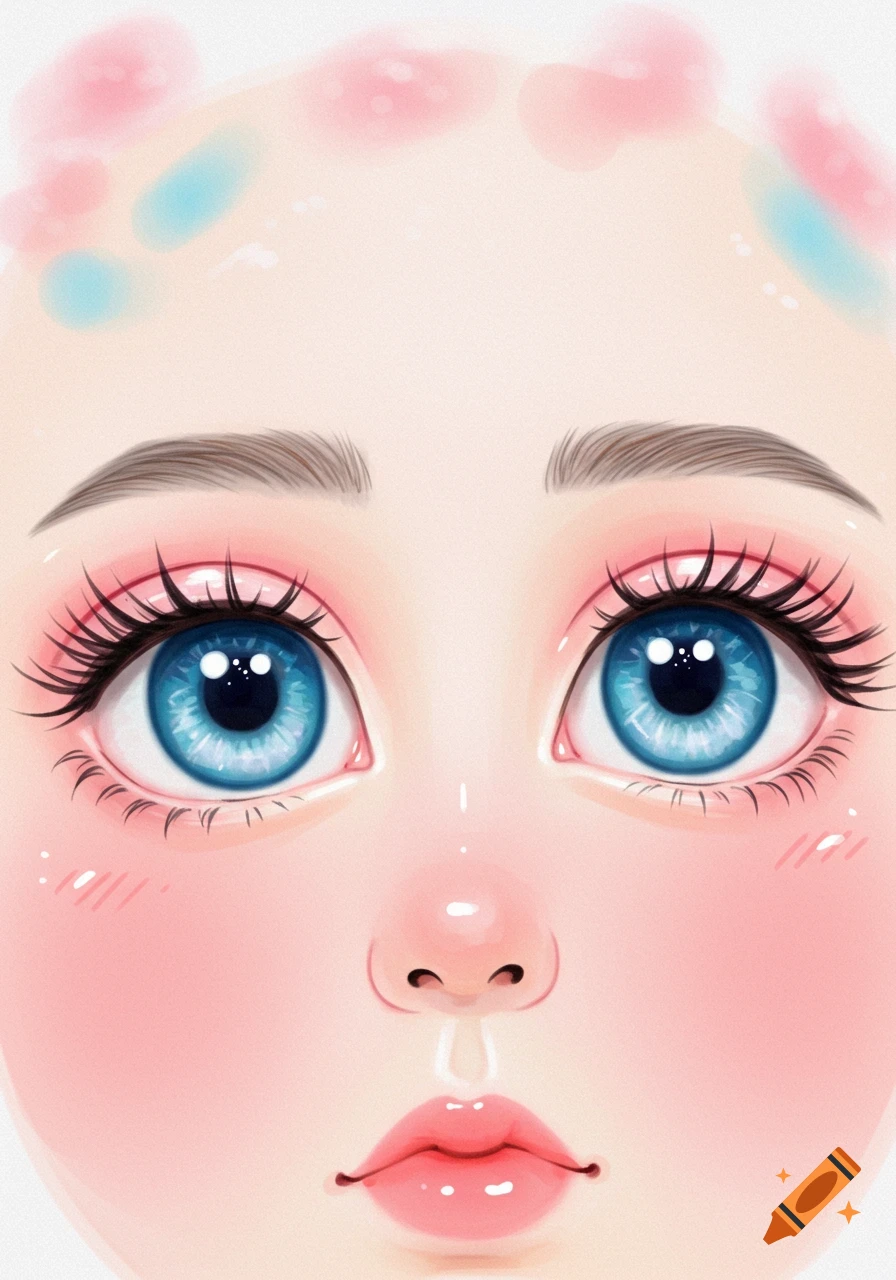 Close up of a stylized face with bright blue eyes, long lashes, and pink cheeks and lips