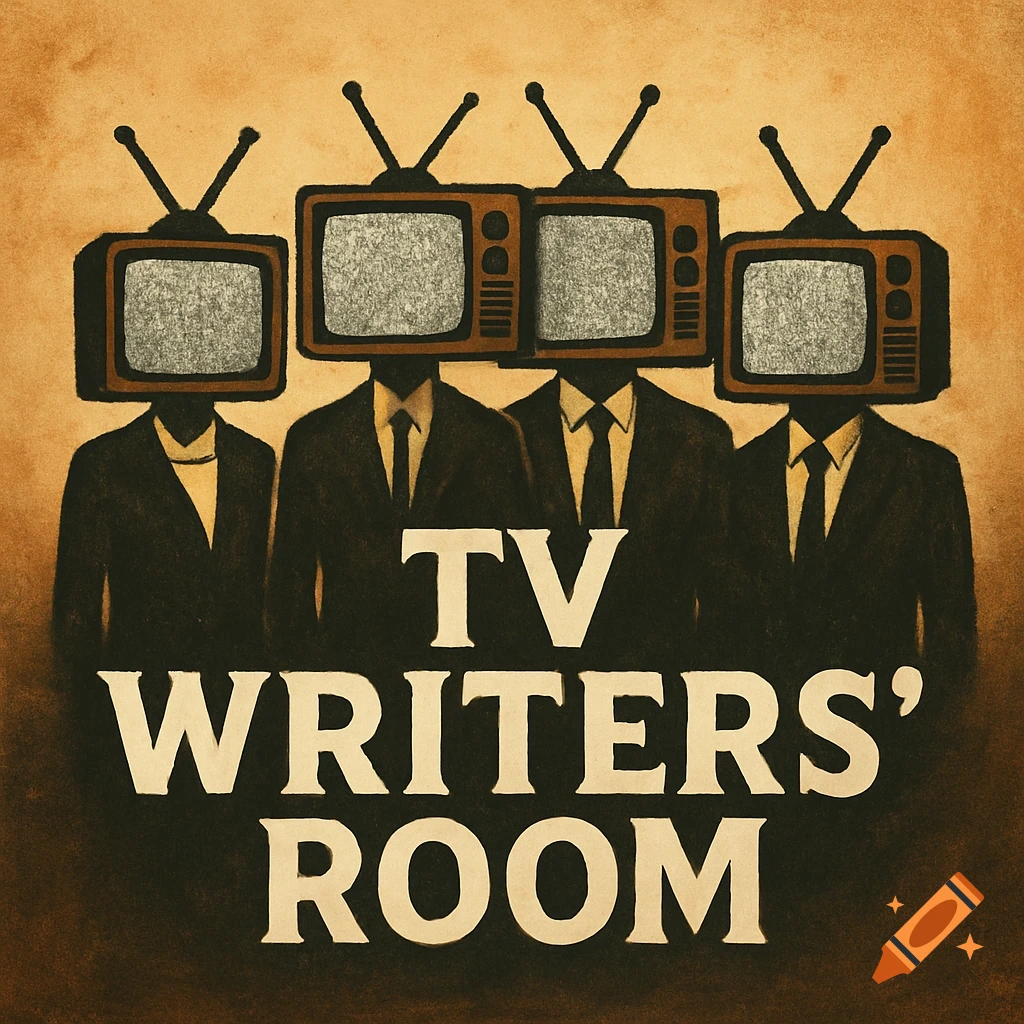 Four figures in suits with vintage TV heads stand behind the text 'TV WRITERS' ROOM' in a textured, retro style.