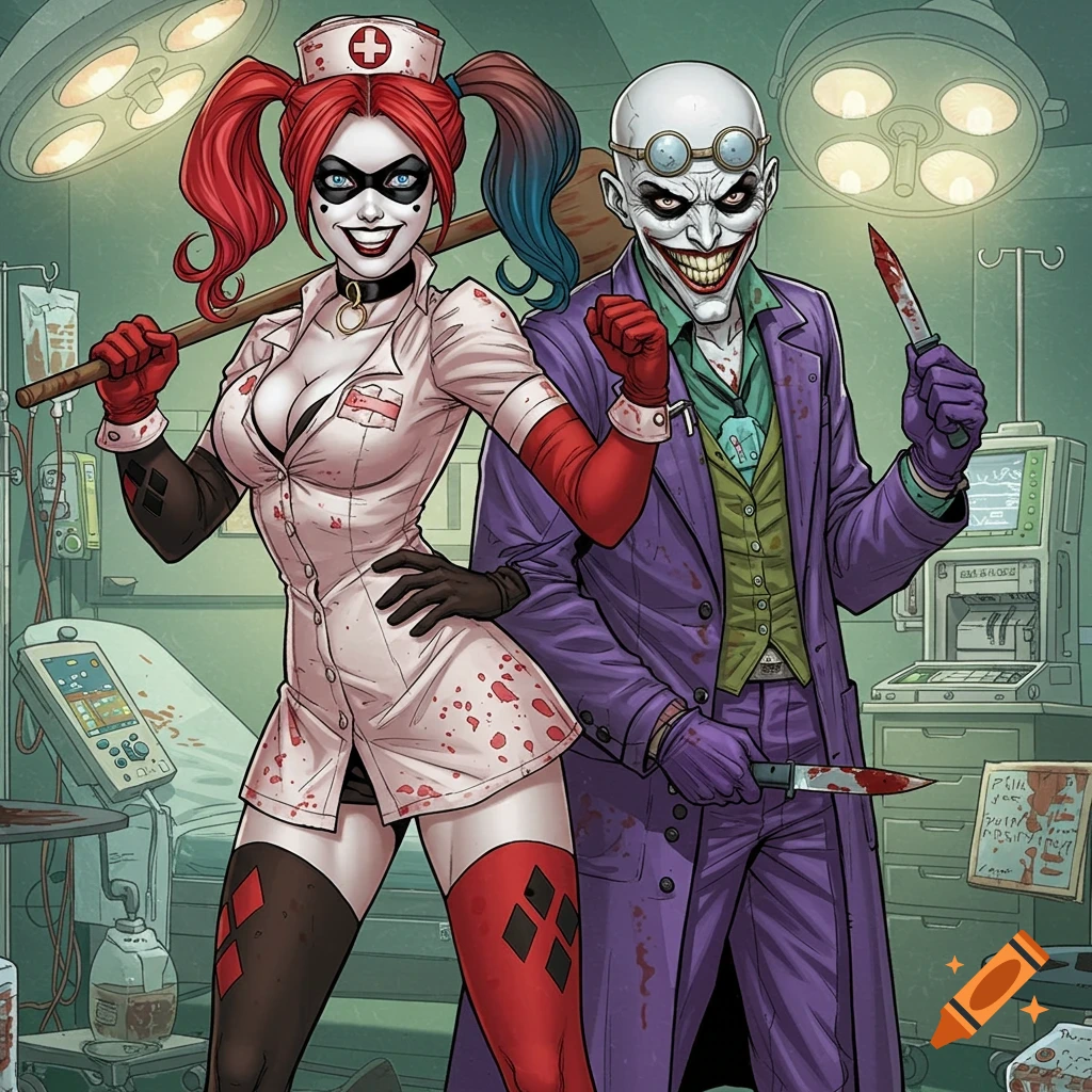 Comic art of Nurse Harley Quinn and Bald Doctor Joker in an operating room, splattered with blood, holding weapons.