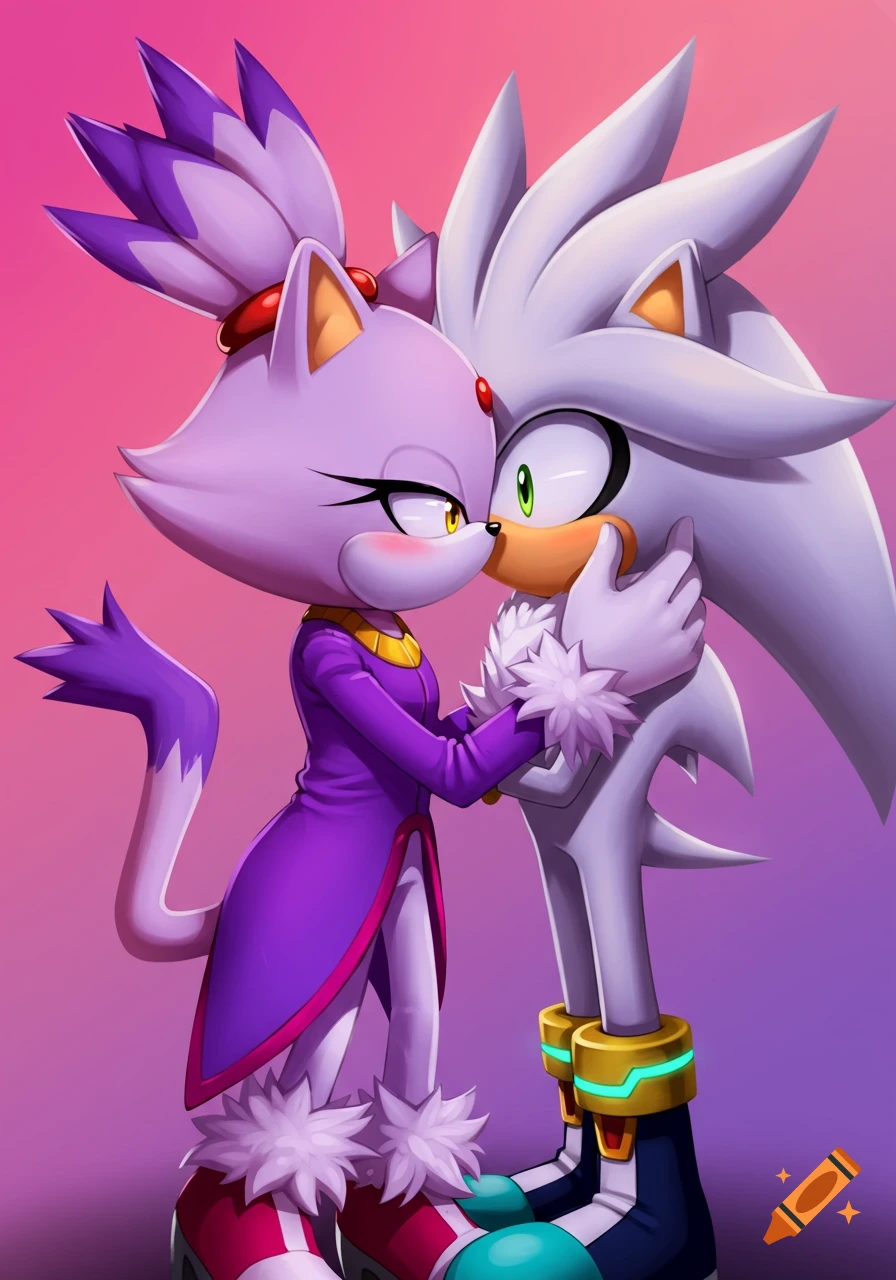 Blaze the Cat and Silver the Hedgehog from Sonic kissing