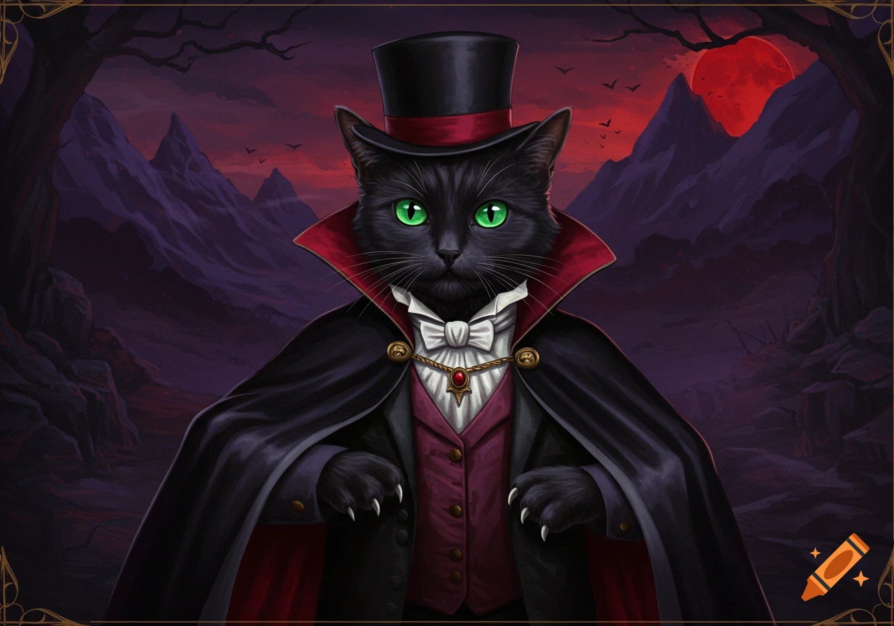 A black cat wearing a Count Dracula costume stands in a spooky landscape under a red moon. The cat has bright green eyes.