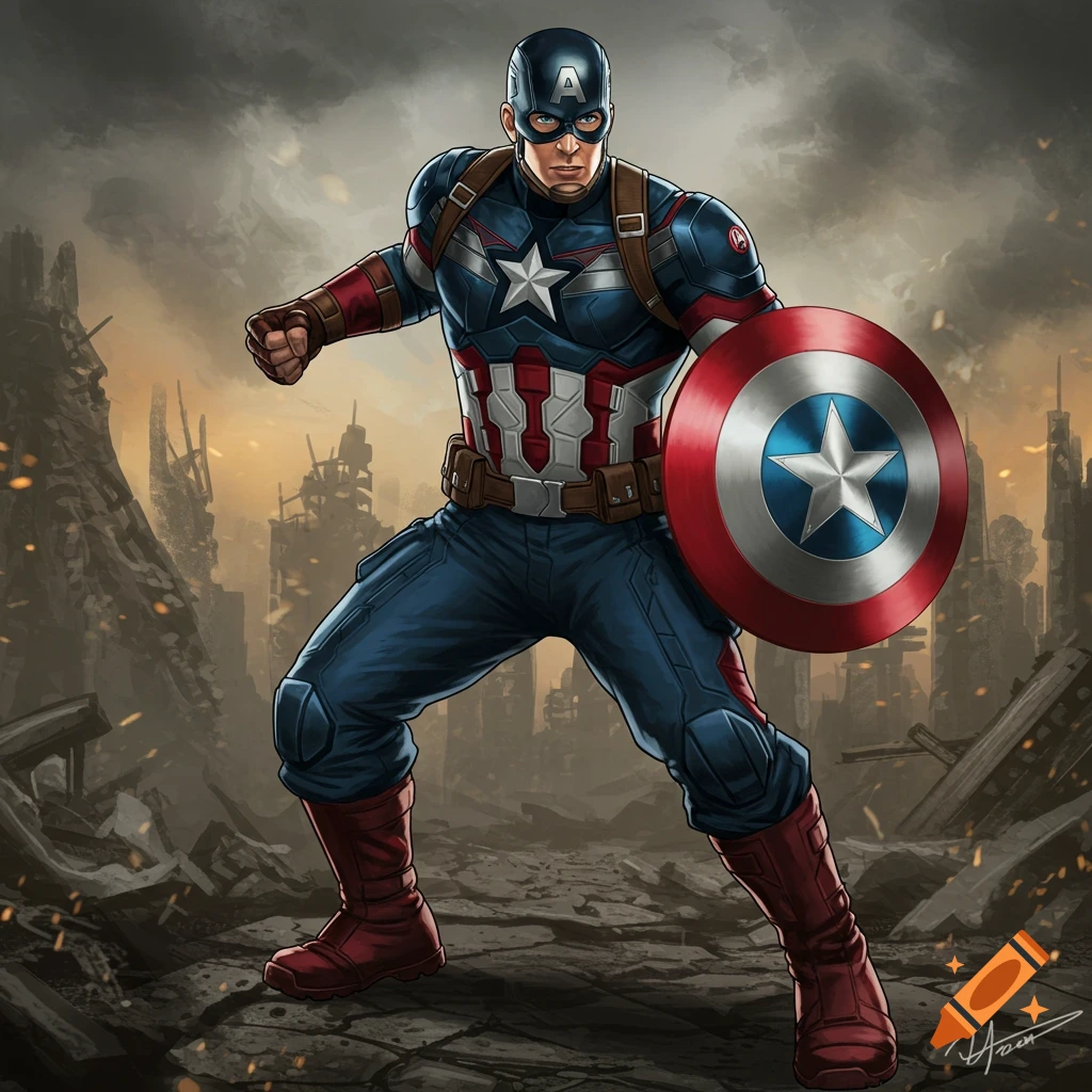 Illustration of Captain America standing in a ruined city holding his shield.
