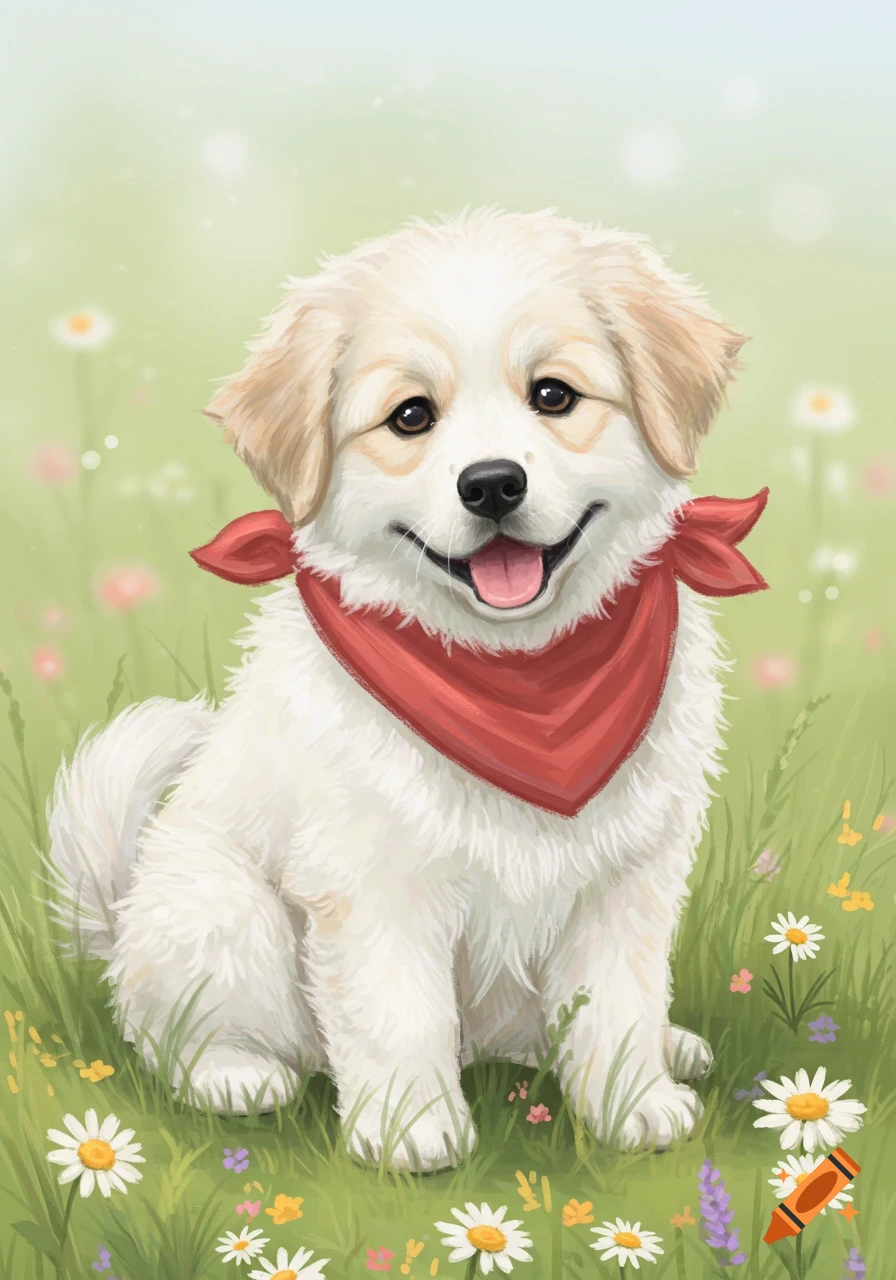 An illustration of a cute white puppy wearing a red scarf sitting in a field of flowers.