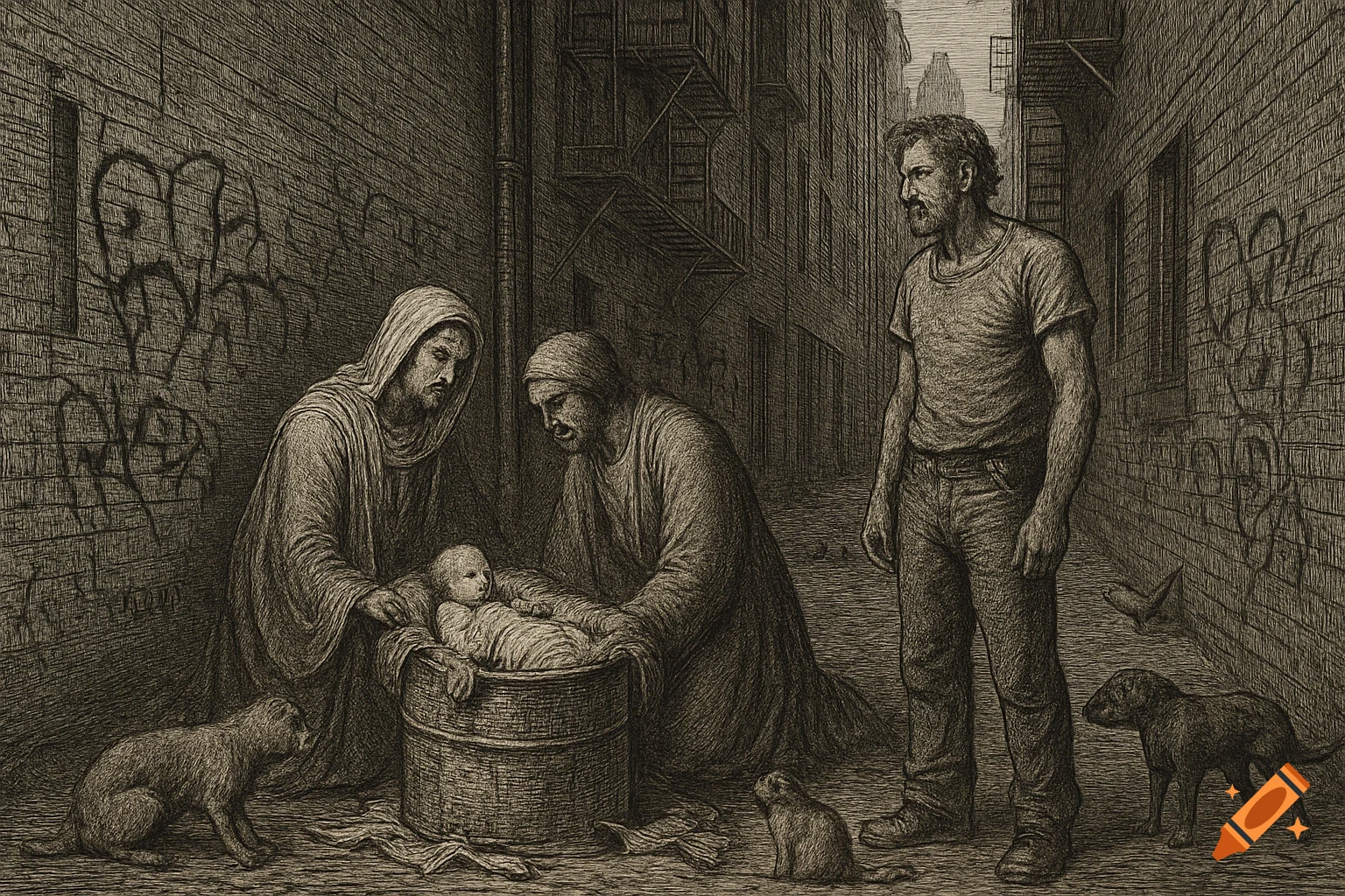 Engraving of a modern nativity in a city alley with graffiti, featuring parents, baby, man, and animals.