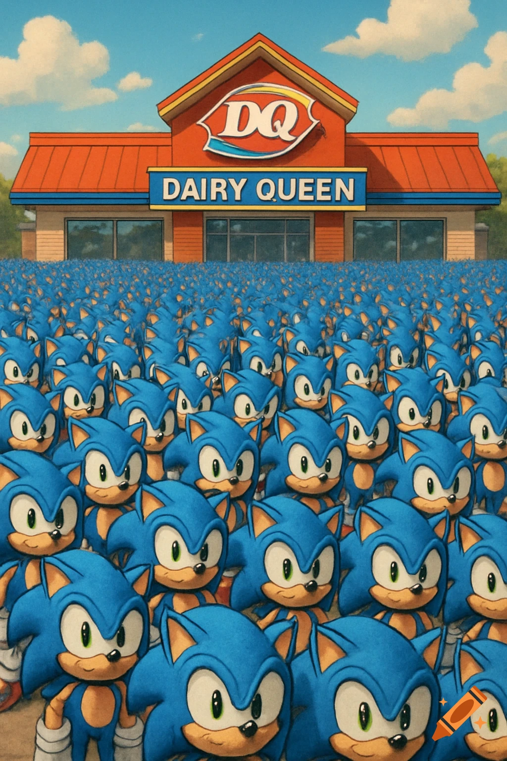 A massive crowd of Sonic the Hedgehog characters stand in front of a Dairy Queen restaurant.