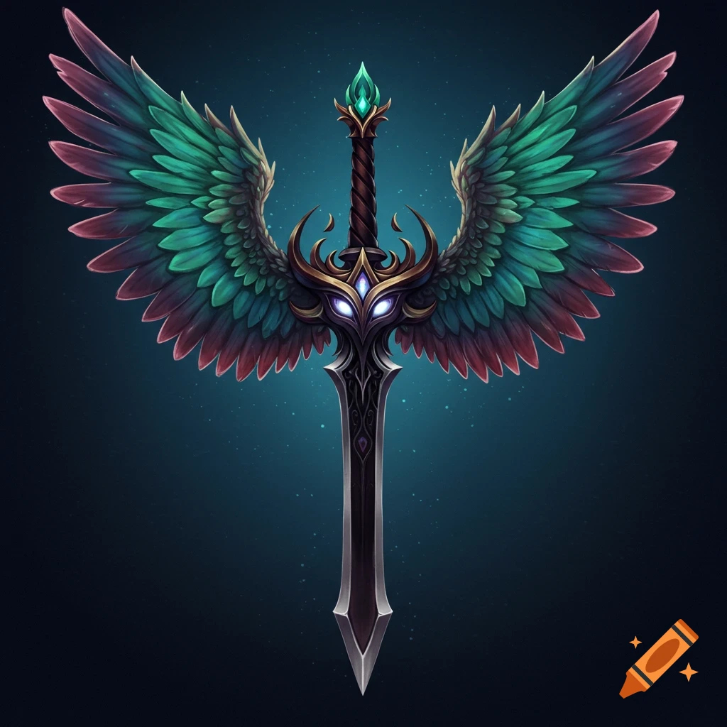 Fantasy illustration of a winged sword with glowing eyes