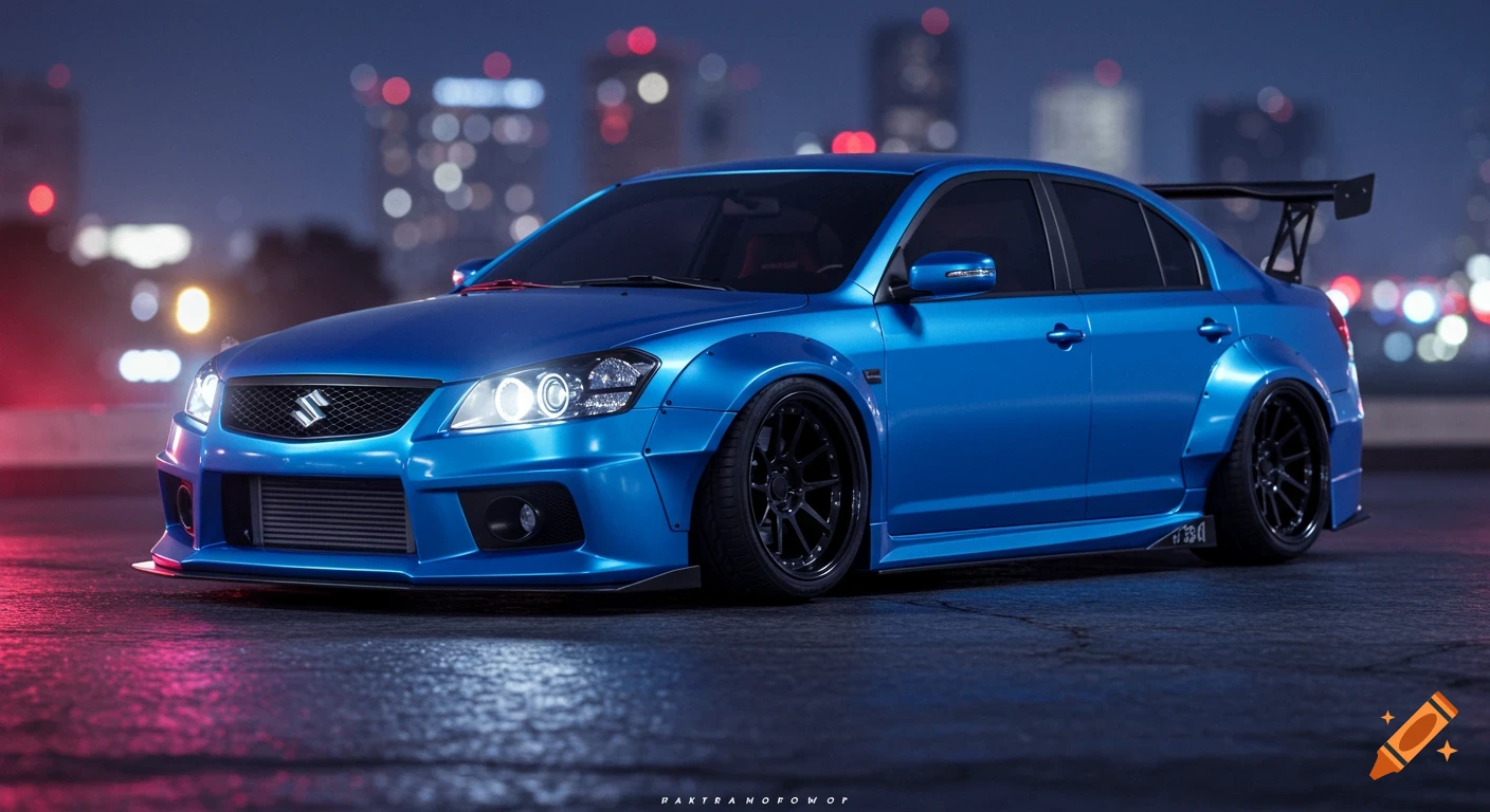A blue modified Suzuki Kizashi sports car is parked on a wet surface at night with city lights in the background.