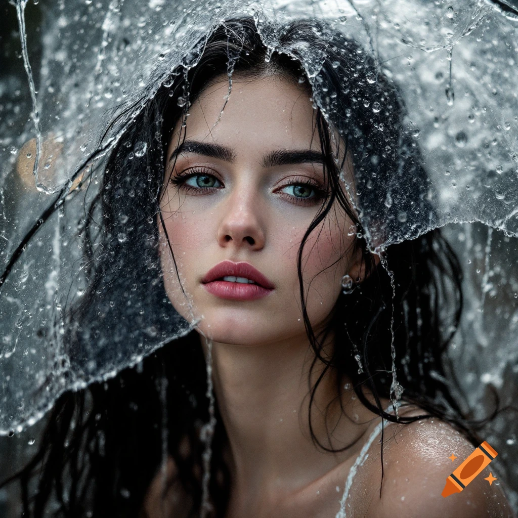 Close-up photorealistic portrait of a woman seen through a rain-streaked transparent surface.