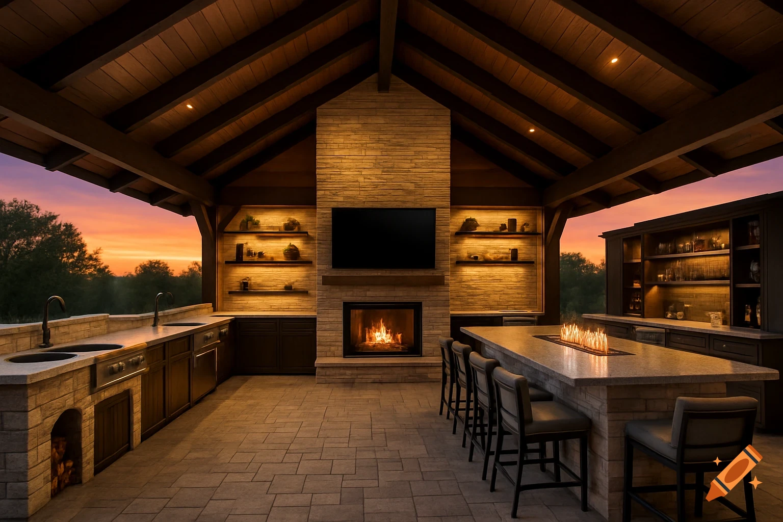 A luxurious outdoor pavilion with a kitchen, bar, fireplace, and TV at sunset.