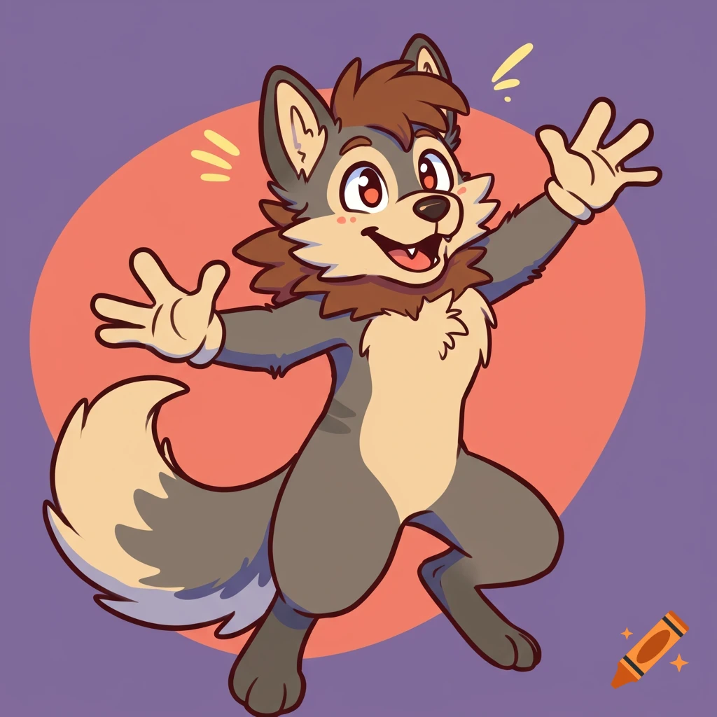 A happy cartoon furry wolf waves with both hands.