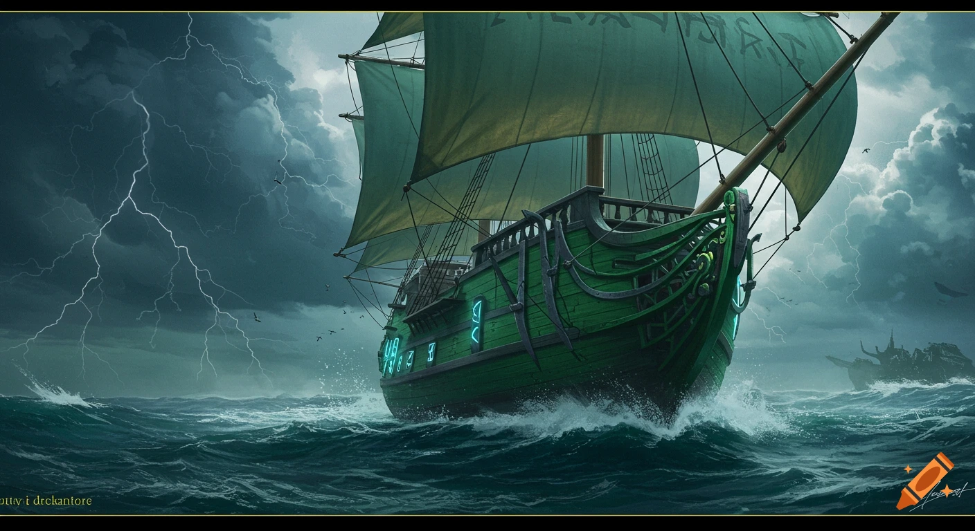 A green-hulled sailing ship with glowing blue lights sails through high seas under a stormy, lightning-filled sky. A shipwreck is visible in the distance.