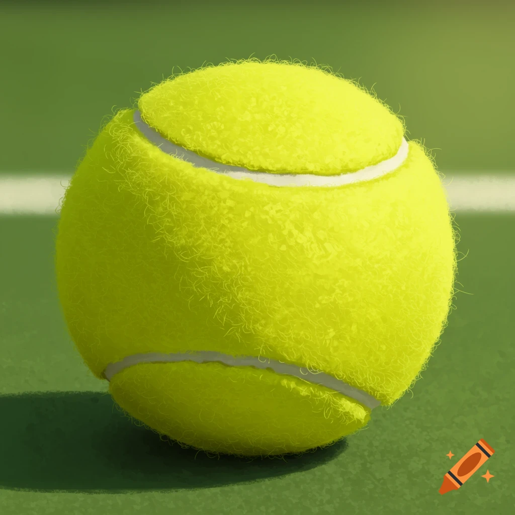 Close-up illustration of a tennis ball on a green court.