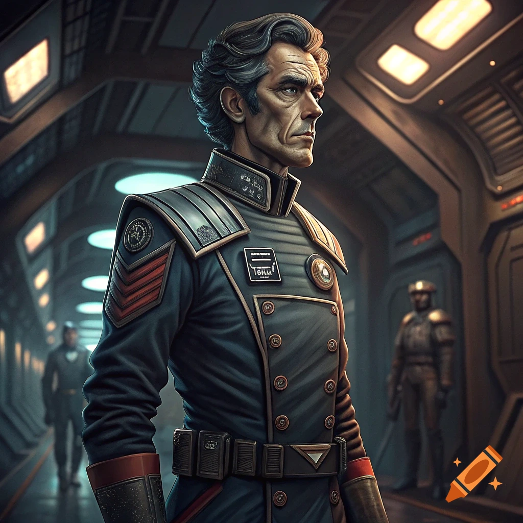 Portrait of a man in a futuristic uniform in a sci-fi corridor