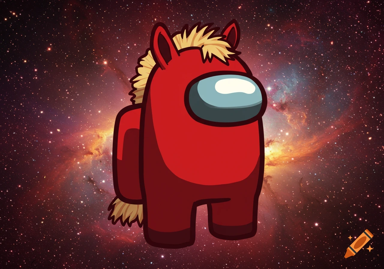 A red cartoon Among Us character with blonde horse hair, ears, and tail stands against a colorful space nebula background.