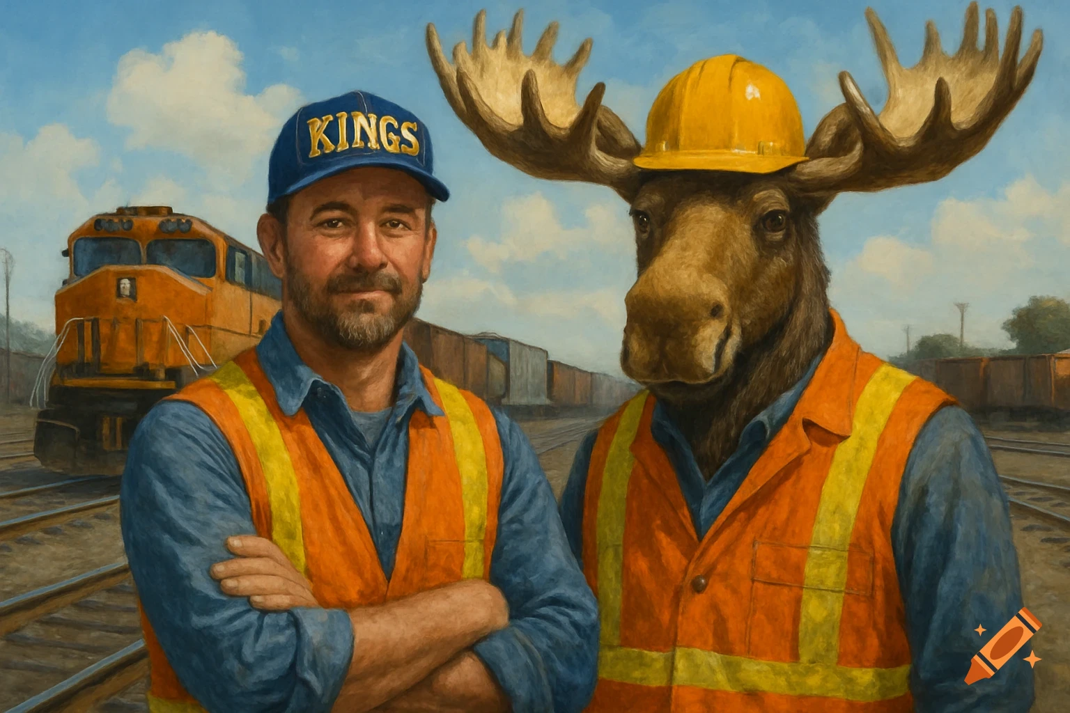 A man and a moose in work vests and hats stand in a rail yard with a train behind them, painted in an oil style.