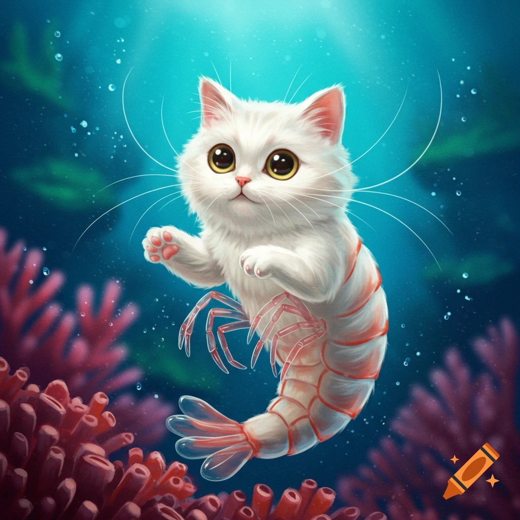 Cute white cat with a shrimp tail swimming underwater with coral.