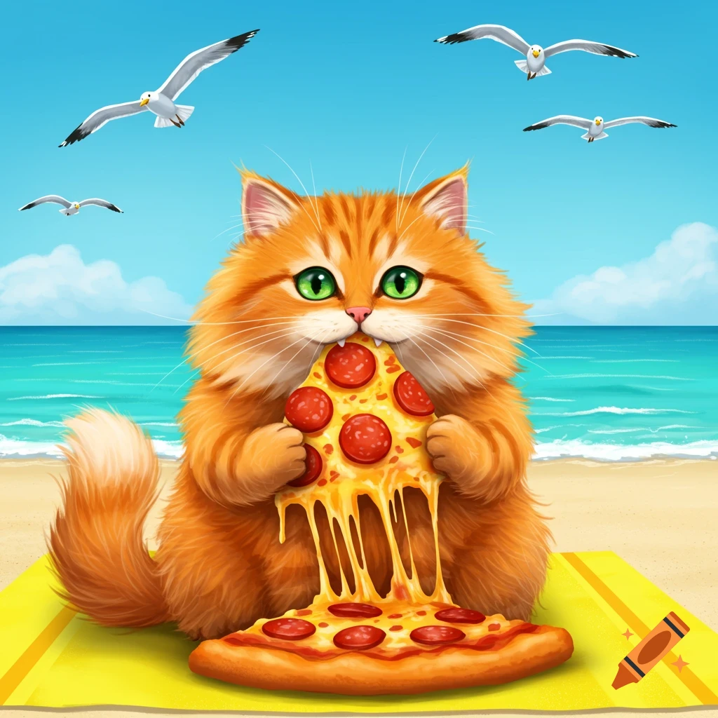 Cartoon illustration of an orange fluffy cat eating a slice of pepperoni pizza on a beach towel at the beach with seagulls.