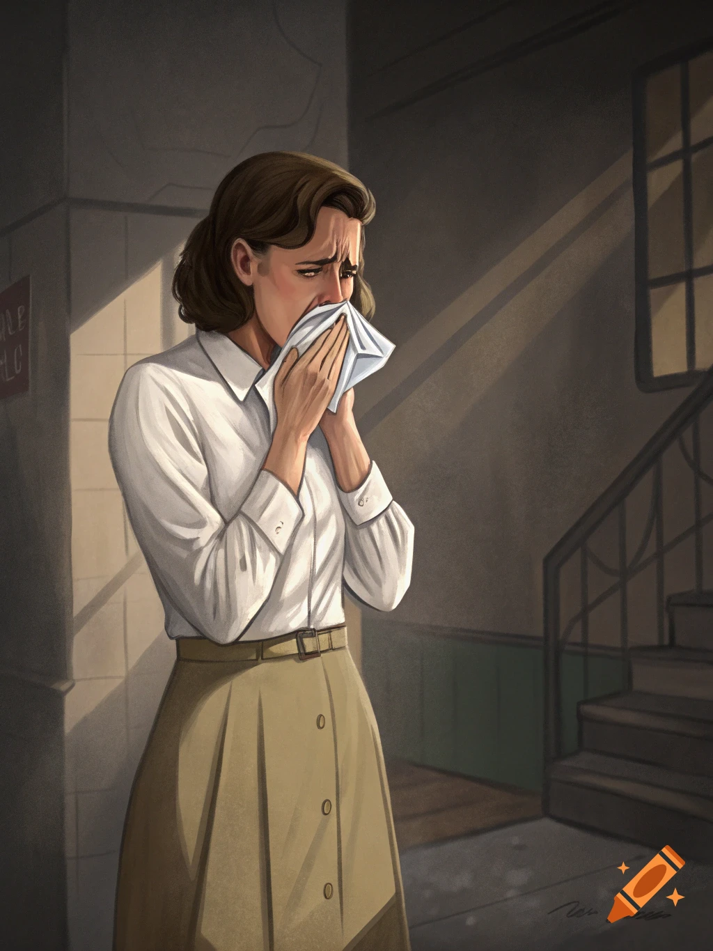 Illustration of a woman holding a handkerchief to her nose in disgust