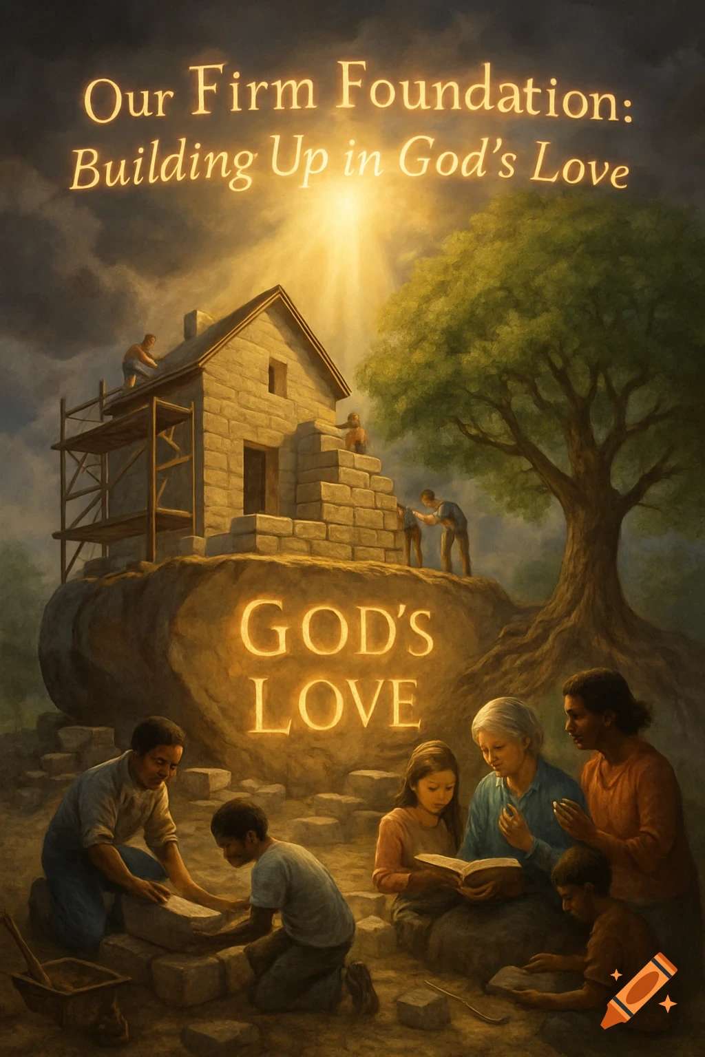 Painting of people building house on rock 'GOD’S LOVE', with others reading/praying. Text: 'Our Firm Foundation: Building Up in God’s Love'.