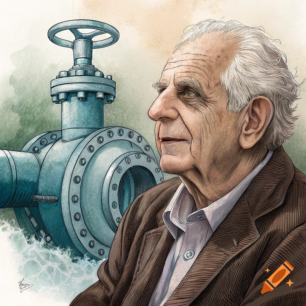 Watercolor illustration of an older man's profile blended with a large industrial valve.