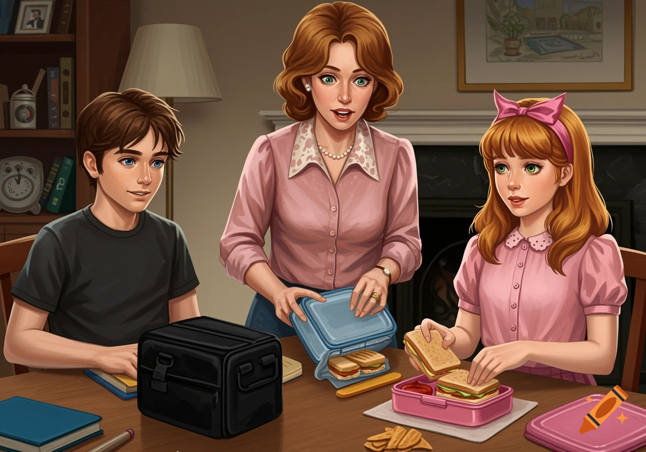 Illustration of a mother, son, and daughter packing lunchboxes at a table in a 1970s style home.