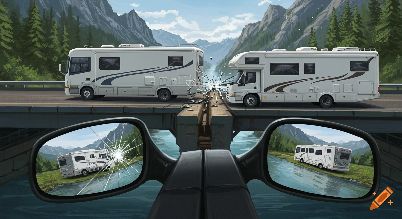Illustration of two motorhomes colliding on a bridge, viewed through shattered side mirrors.
