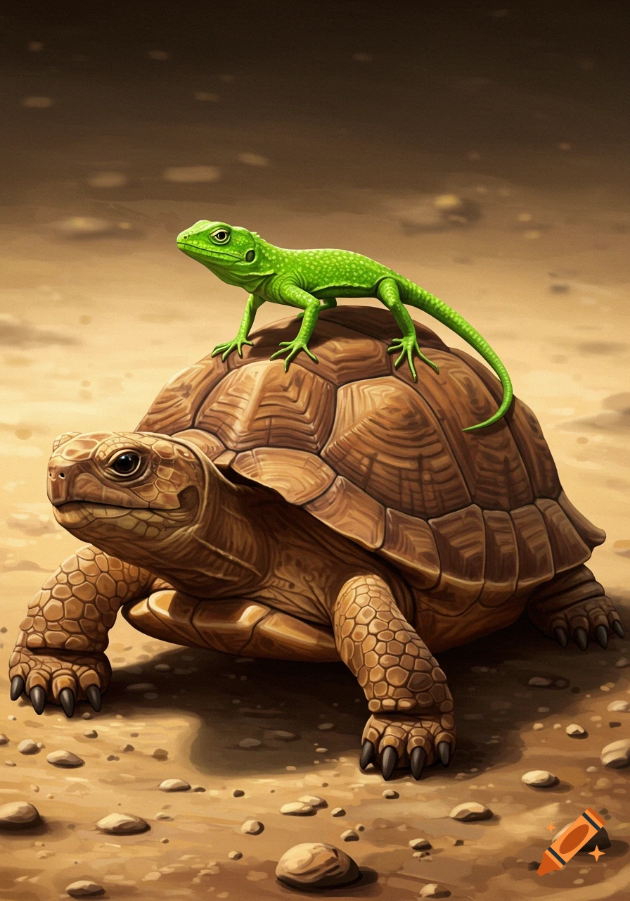 A green lizard stands on the back of a brown turtle in a sandy environment, illustration.