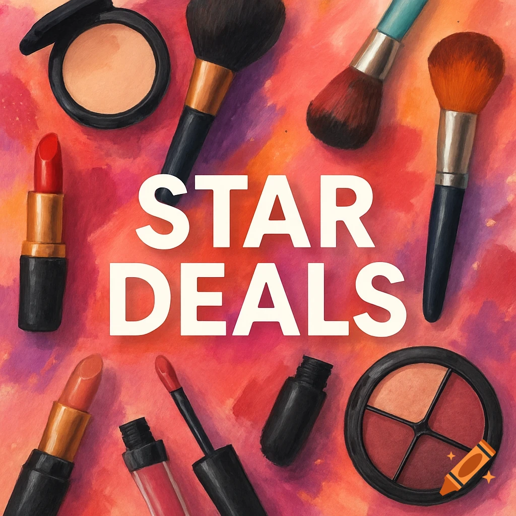 Makeup items scattered on a colorful background with the text 'STAR DEALS'