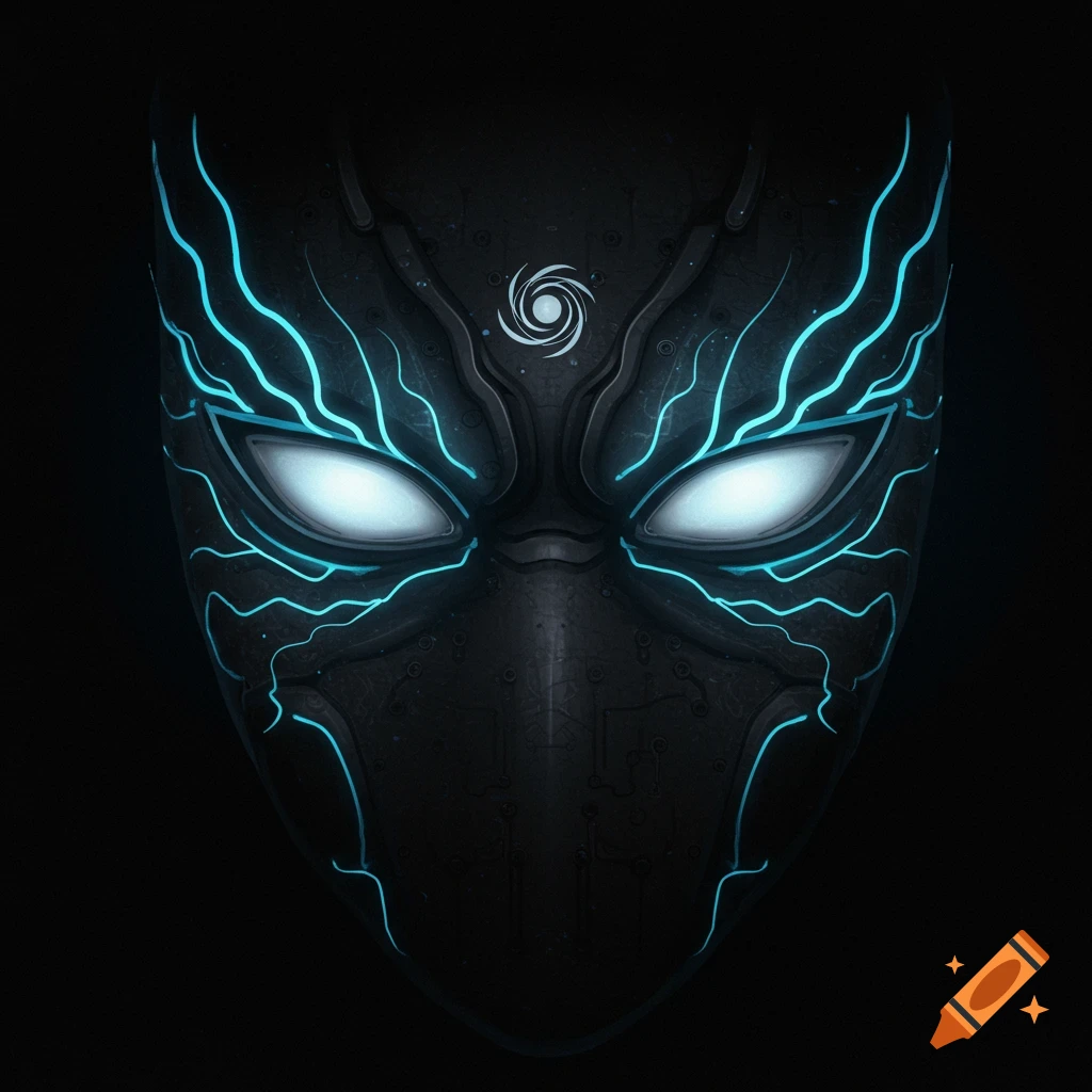 A detailed view of a futuristic black mask with glowing blue energy lines and bright eyes.