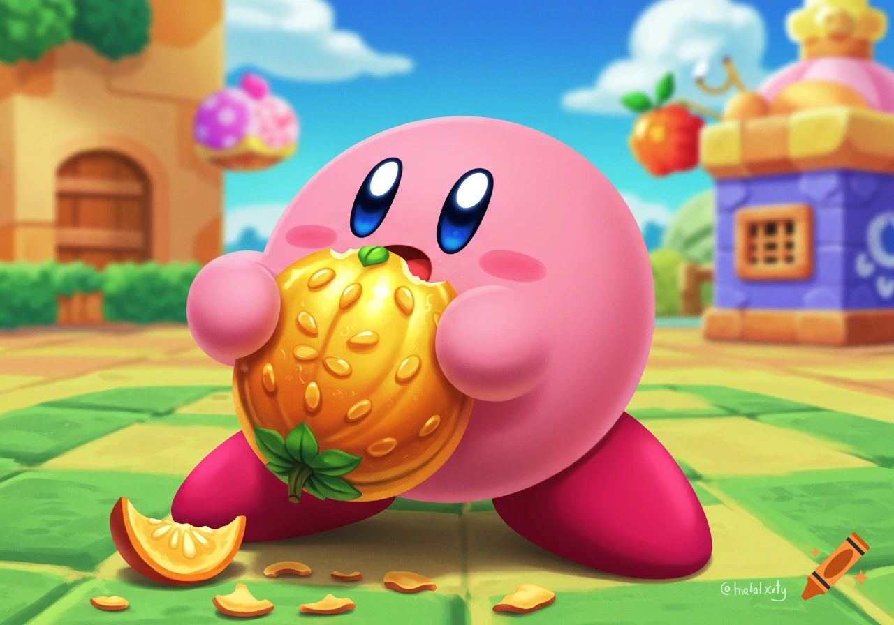 Kirby eats a large golden fruit in a bright, colorful outdoor scene.