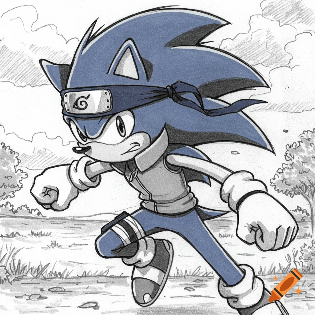 Sketch drawing of Sonic the Hedgehog wearing a Naruto-style headband and vest, running.