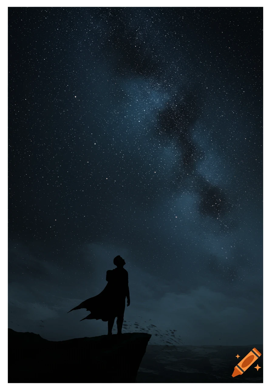 Silhouette of a man standing on a cliff, looking up at a starry night sky.