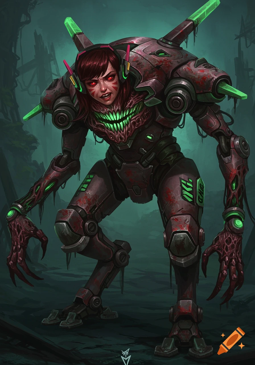 A horror version of D.Va from Overwatch, depicted as a monstrous creature with mechanical and organic parts, glowing green details, in a dark setting.