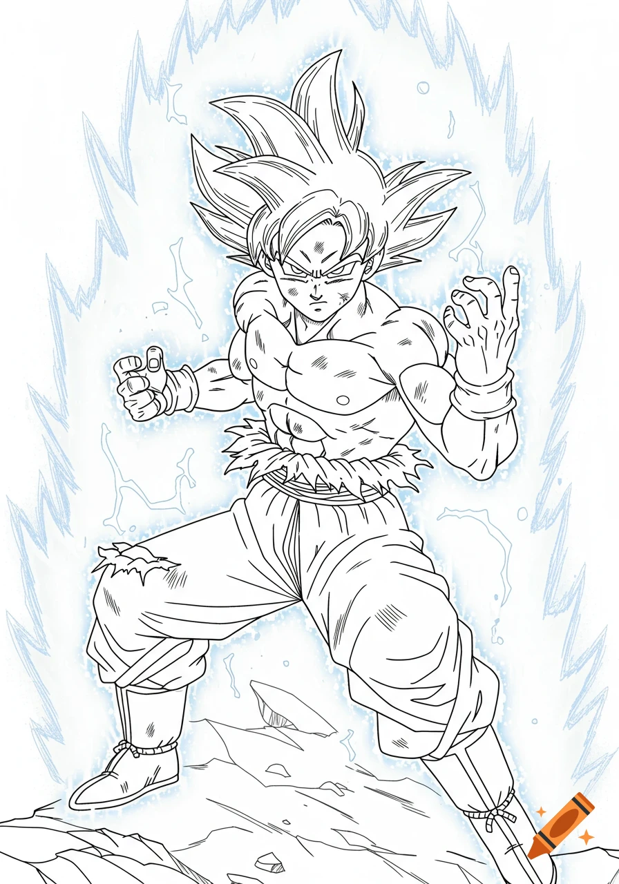 Line drawing of Goku powering up with energy aura.